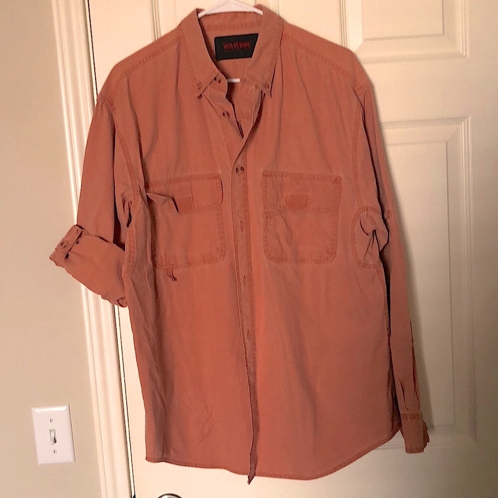 Wolverine Men’s Cotton Casual button down Roll-Sleeve washed orange denim Shirt